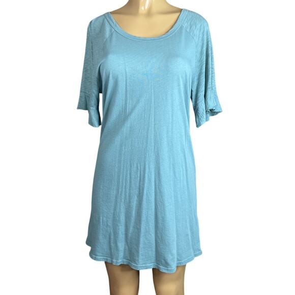 LA Made Flounce Sleeve Tee Shirt Dress Open Back Tie Neck Aqua Blue Size Small - Picture 1 of 9